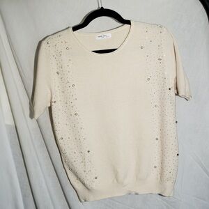 Elegant Cream Top Short sleeve Knit with pearls, studs and rhinestones